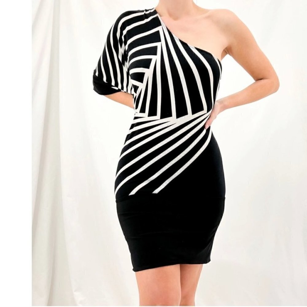 Bcbg MaxAzria One Shoulder Black /Comb Striped Dress Women's XS